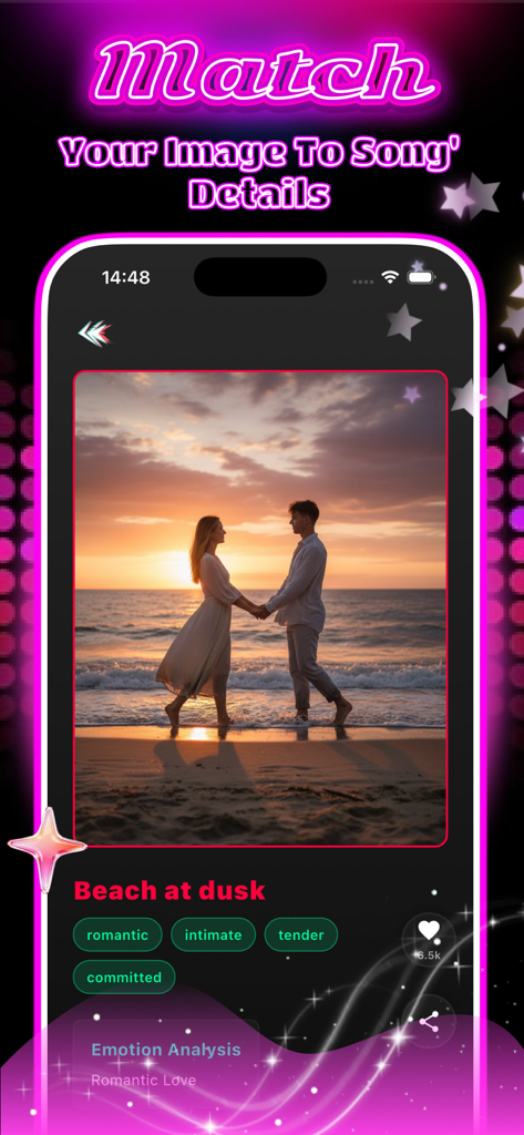 Woozi - A screenshot of the Woozi app displaying an AI emotion analysis of a photo featuring a couple on a beach at sunset with tags like romantic and intimate.