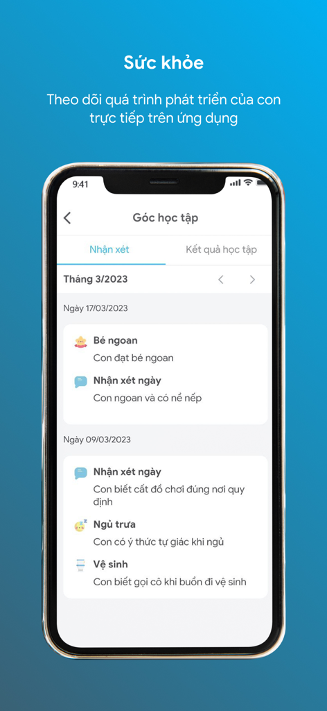SISAP Phu huynh 모바일 앱 인터페이스에 일일 학생 발언 및 선생님 의견 표시
