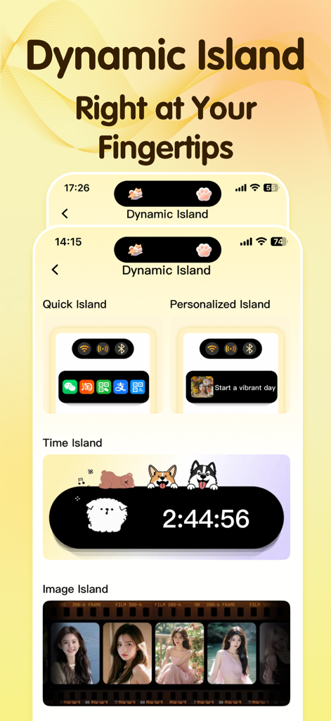 PopWallpaper-Massive & Unique - PopWallpaper app showcasing Dynamic Island customization features including animated pets and photo widgets