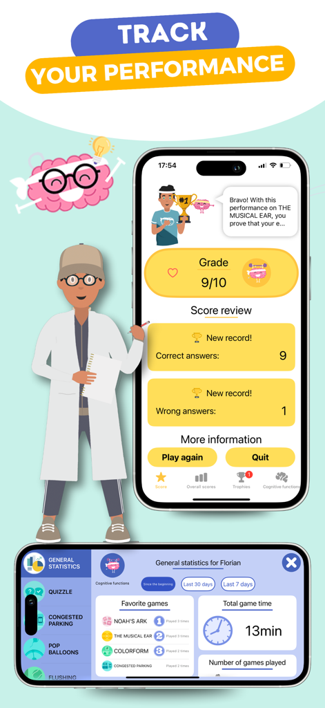 CLINT, your brain coach - Interface of CLINT brain coach app showing performance scores and cognitive progress statistics.