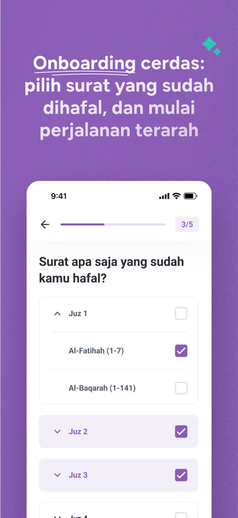 Hifz: Hafalan Qur’an Modern - Hifz-App-Onboarding-Bildschirm mit einer Checkliste zur Auswahl der auswendig gelernten Korankapitel und Juz.