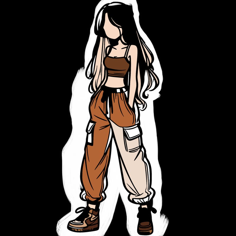 girl in baggy pants crop top and long hair