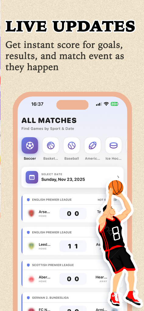 Nova Score - Nova soccer Hub - Interface do aplicativo Nova Score exibindo resultados de partidas ao vivo e categorias esportivas como futebol e basquete.