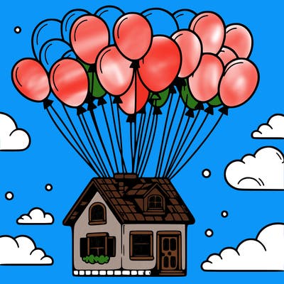 house floating from lots of balloons
