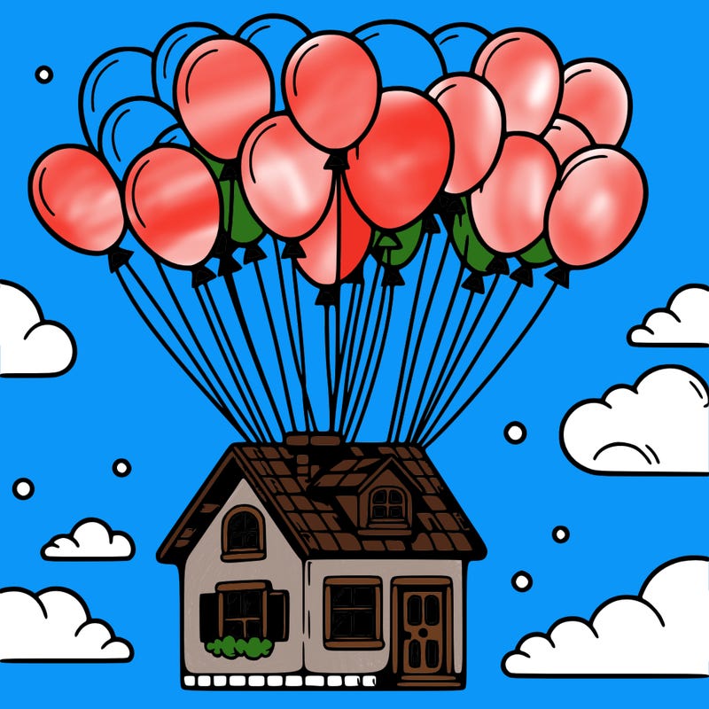 house floating from lots of balloons