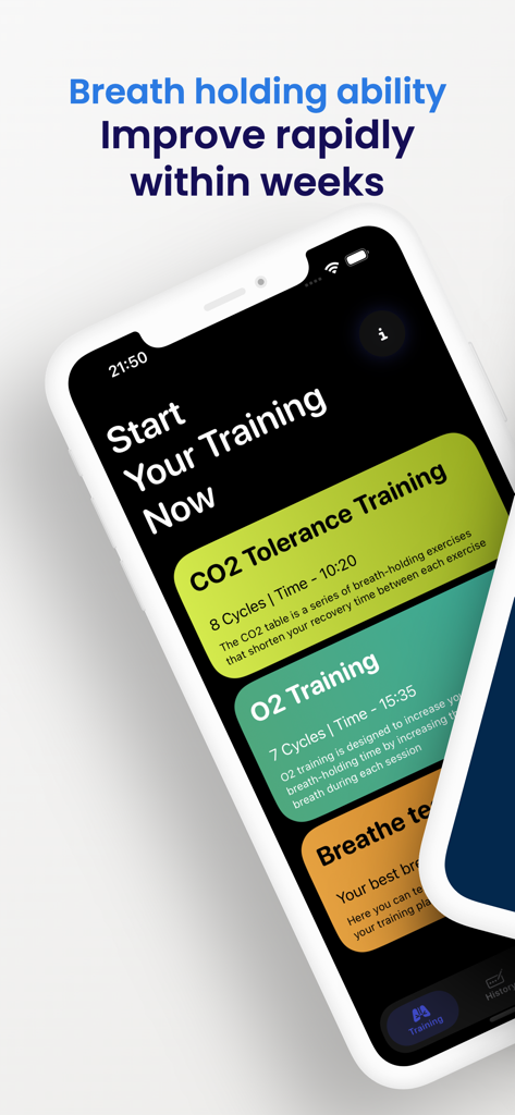 Interfaz de la aplicación Diving Master que muestra opciones de entrenamiento de CO2 y O2 para la retención de la respiración