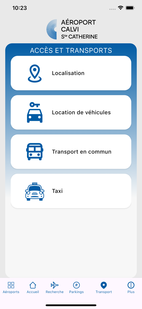 Aéroports de Corse - Interface of the Aeroports de Corse app showing transportation options for Calvi airport including car rental public transport and taxi