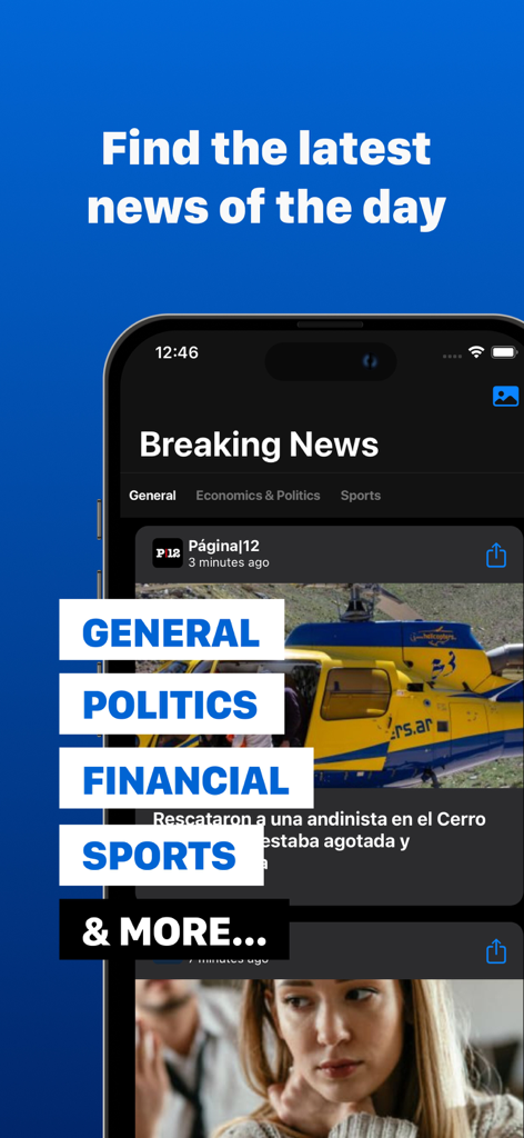 Interface do aplicativo Jornais Argentinos exibindo as últimas categorias de notícias, incluindo política e esportes.