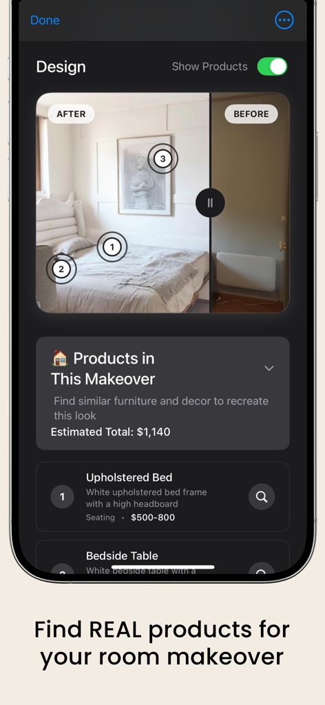Room Planner - AI Home Design - Uma interface de aplicativo móvel mostrando uma comparação de reforma de cômodo antes e depois com uma lista de produtos de mobiliário real para compra.