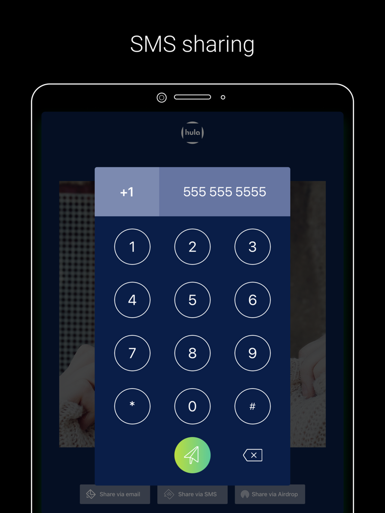 Darkroom Booth - iPad-Oberfläche für die Darkroom Booth App, die ein numerisches Tastenfeld zum Teilen von Fotos per SMS anzeigt.