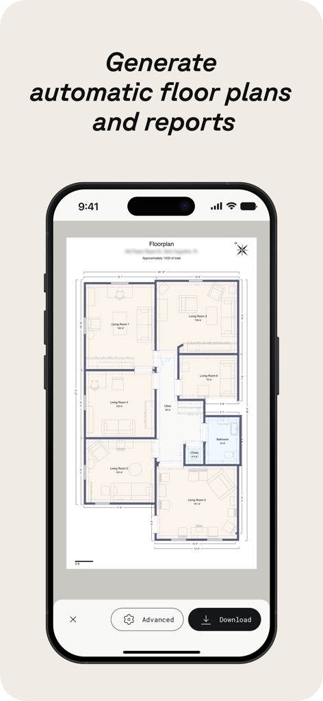 Polycam app screen showing an automatically generated 2D floor plan with dimensions and room labels