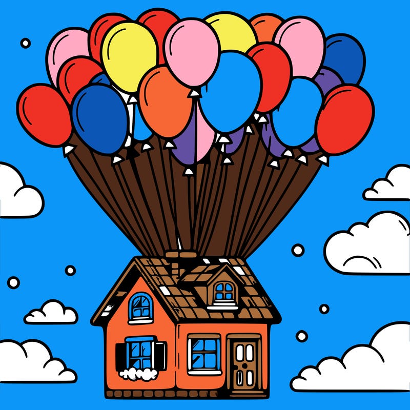 house floating from lots of balloons