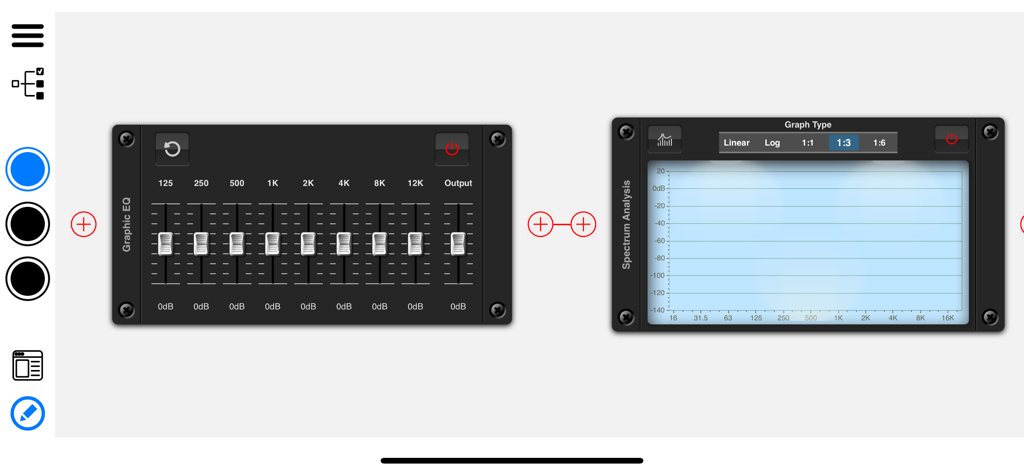 NuRack Auv3 FX Processor - NuRack AUv3 interface showing a modular graphic EQ and spectrum analysis signal chain