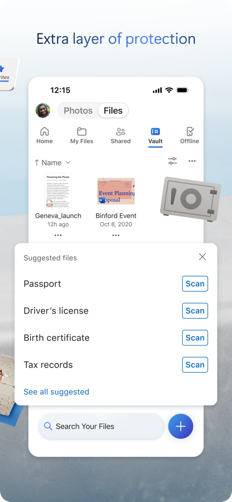 OneDrive mobile app interface showcasing the Personal Vault for secure document storage and scanning