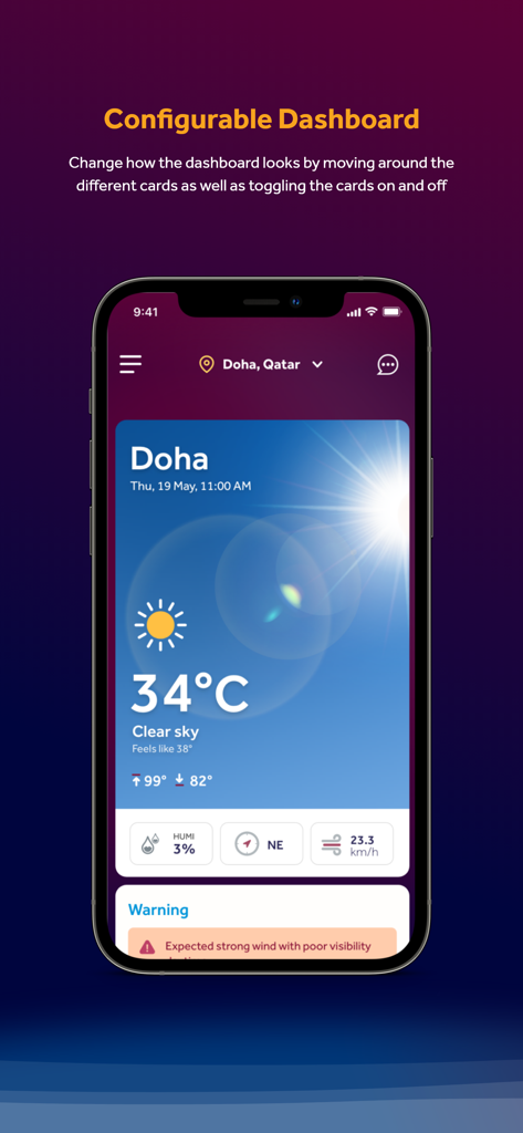 도하 날씨 조건과 강풍 경고가 포함된 구성 가능한 대시보드를 보여주는 Q Weather 앱 인터페이스