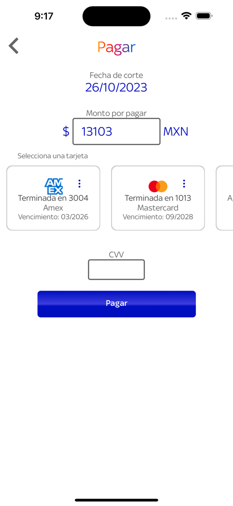 App SKY - App SKYモバイルインターフェース。請求書支払い画面が表示され、メキシコペソでの請求金額とクレジットカード選択オプションが表示されます。