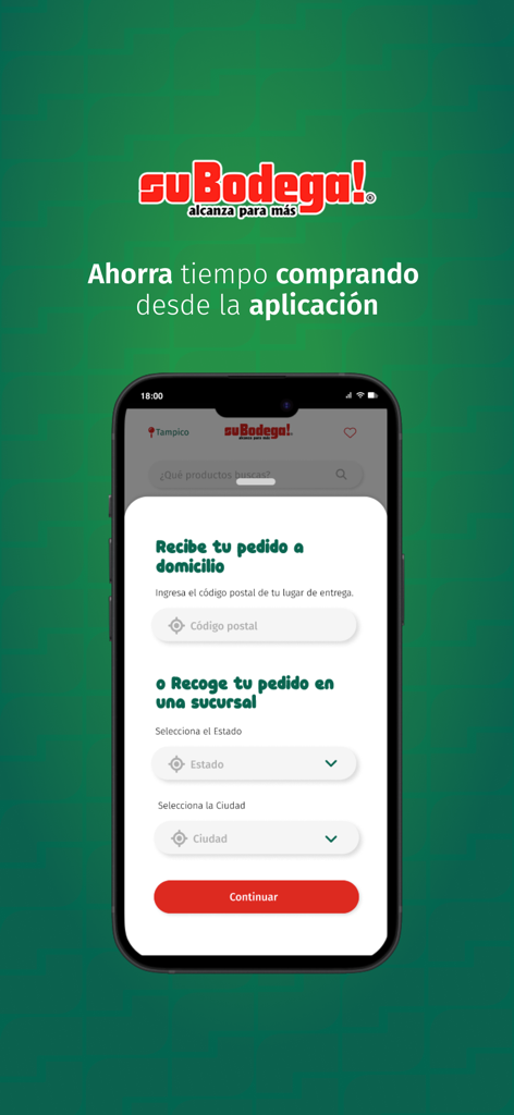 Interface of the suBodega app showing options for home delivery or store pickup with fields for postal code and city selection