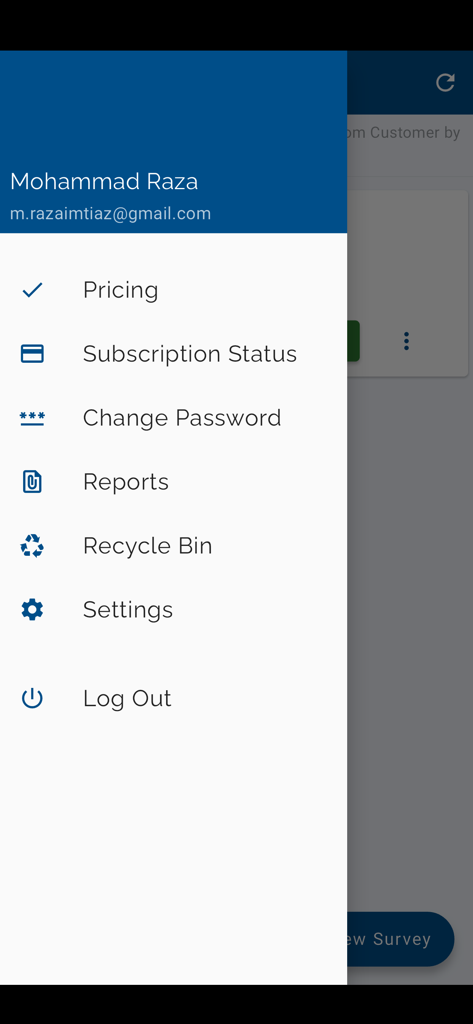 Customer Feedback Survey KIOSK - Side navigation menu for the Customer Feedback Survey KIOSK app showing account settings and report options