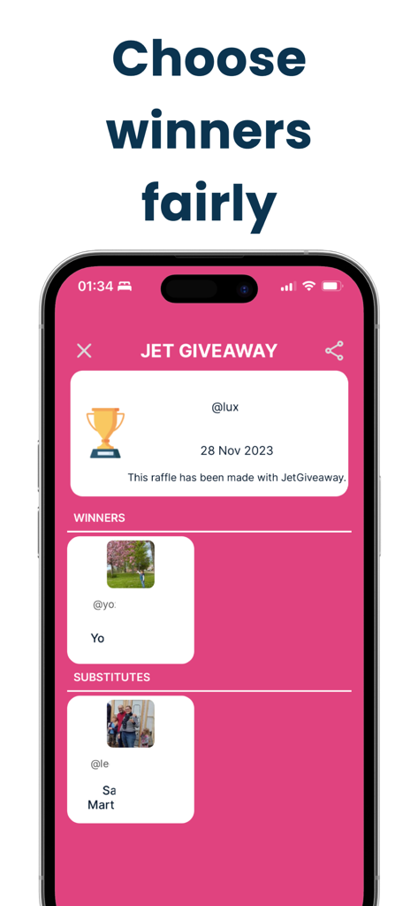 Jet Giveaway for Instagram - Jet Giveaway app interface showing winners and substitutes for a fair Instagram contest