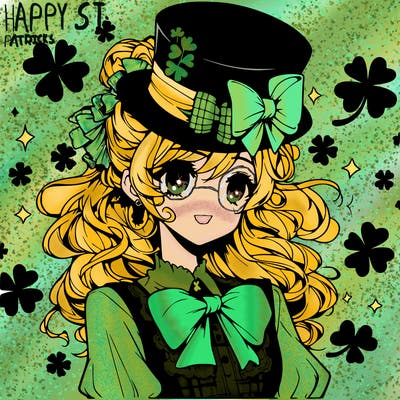 a manga-style girl with clovers around her, a little hat in her hair, like it's saint patrick's day