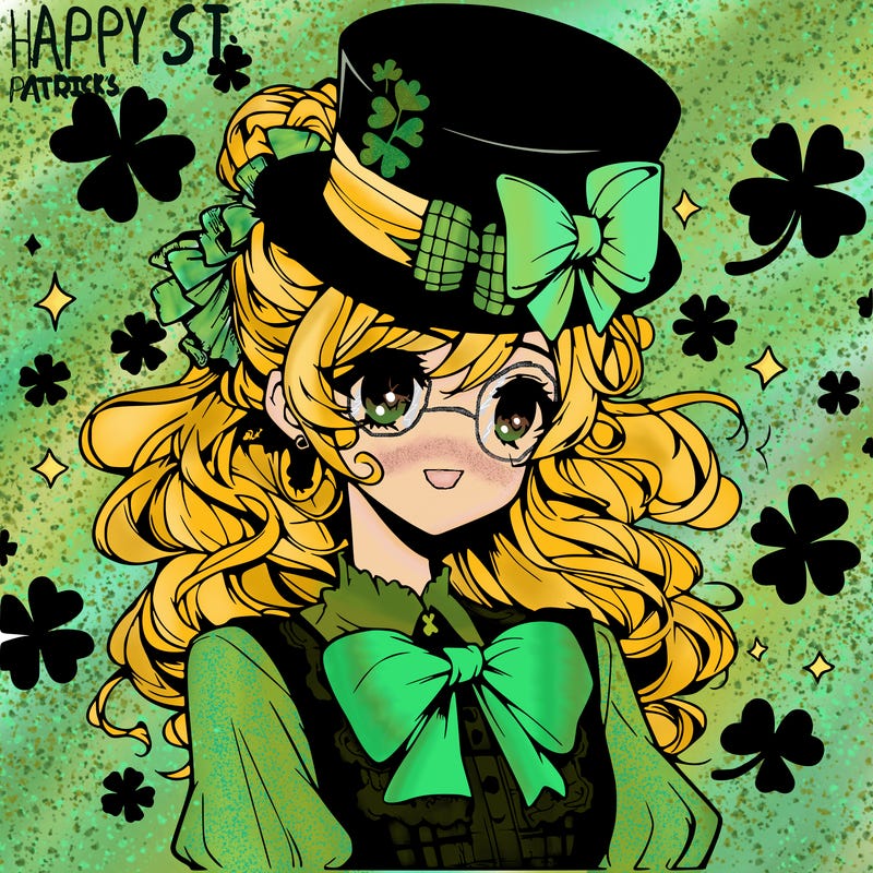 a manga-style girl with clovers around her, a little hat in her hair, like it's saint patrick's day