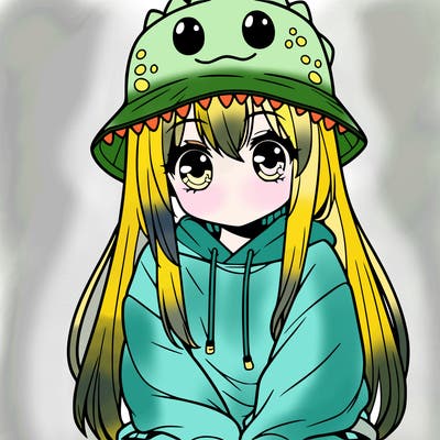 girl with anime shaped eyes with a dinosaur bucket hat oversized sweatshirt long straight hair