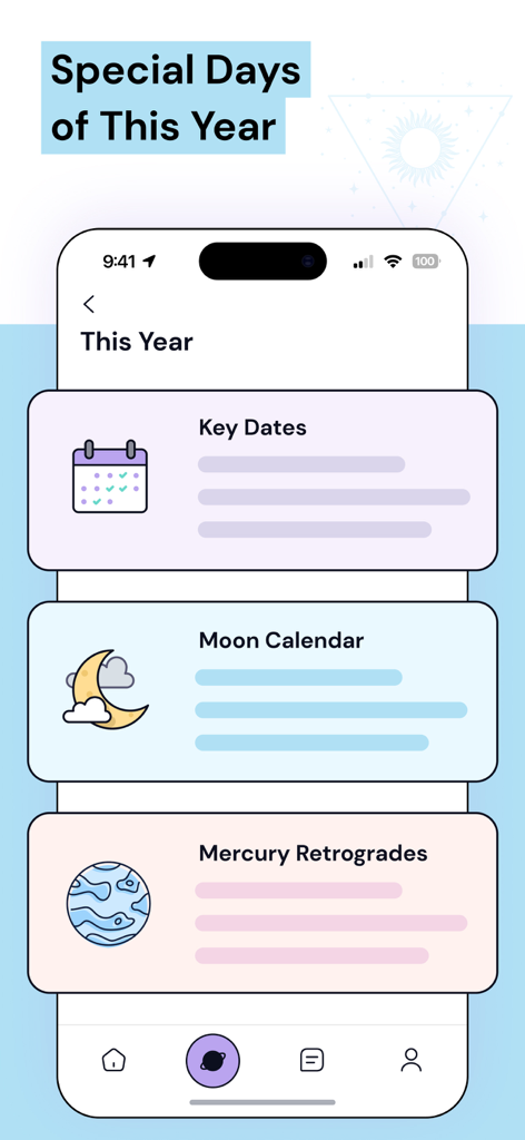Moyra: Astrology Guide for You - Moyra app interface showing a list of astrological events for the year including Key Dates, Moon Calendar, and Mercury Retrogrades.