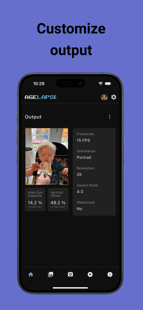 AgeLapse - AgeLapse app interface showing video output customization settings including framerate and resolution for a childs time-lapse video