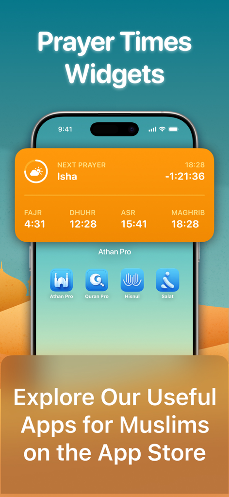 Widget de la aplicación móvil Athan Pro que muestra el próximo horario de oración y el horario diario en la pantalla de un iPhone
