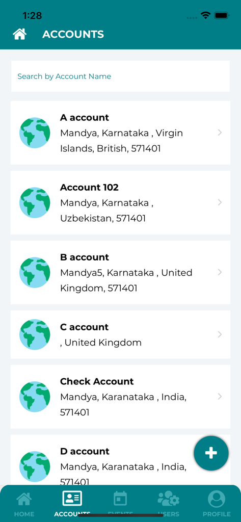 Vision Screening Events App - A tela de contas do aplicativo de Eventos de Triagem de Visão mostrando uma lista de locais globais e uma barra de pesquisa.