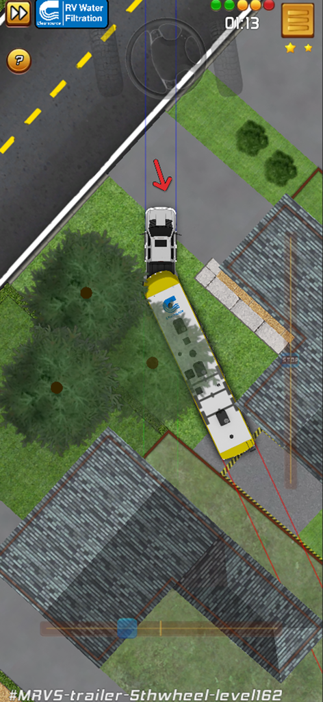 Top down view of a truck and 5th wheel trailer parking simulation in the app