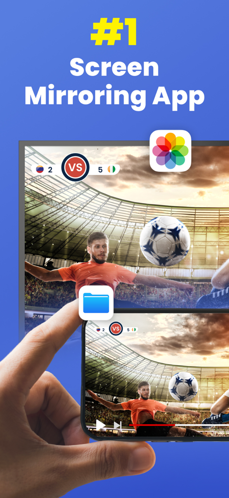 Screen Mirroring・Smart TV Cast - Smartphone screen mirroring a soccer match onto a large smart TV