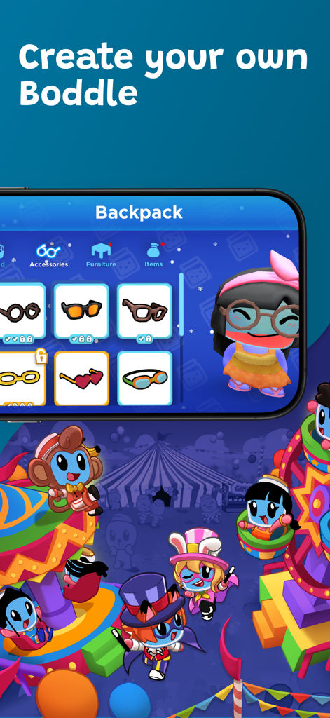 Boddle - Una pantalla que muestra el menú de la mochila donde los usuarios pueden personalizar su personaje de Boddle con varios lentes y accesorios