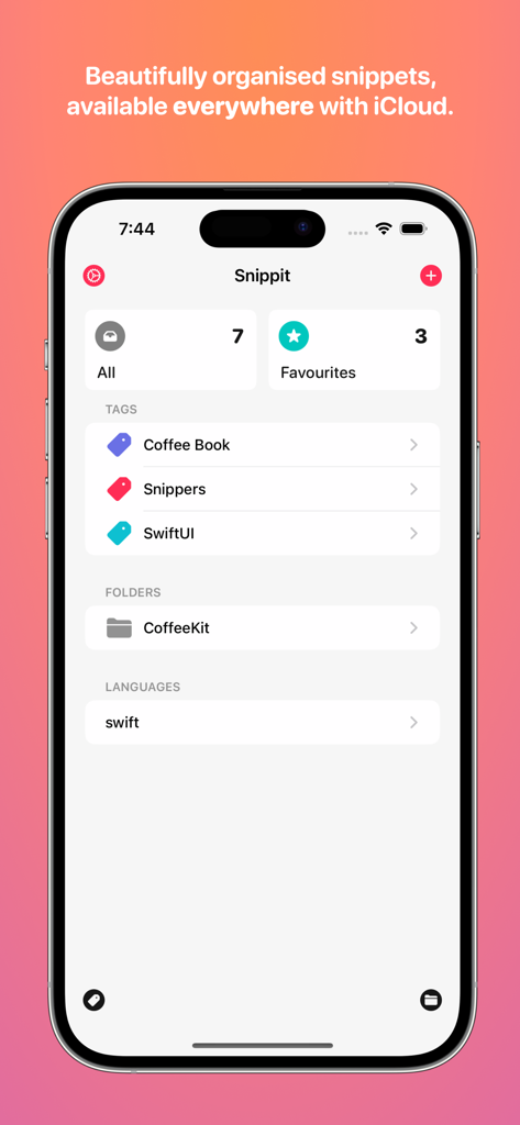 Snippit - Code Snippet Manager - Snippit app dashboard showing code snippets organized by tags and folders on iPhone