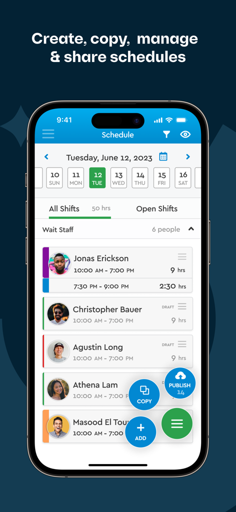 A mobile app interface displaying a staff schedule with shifts for multiple employees and management tools