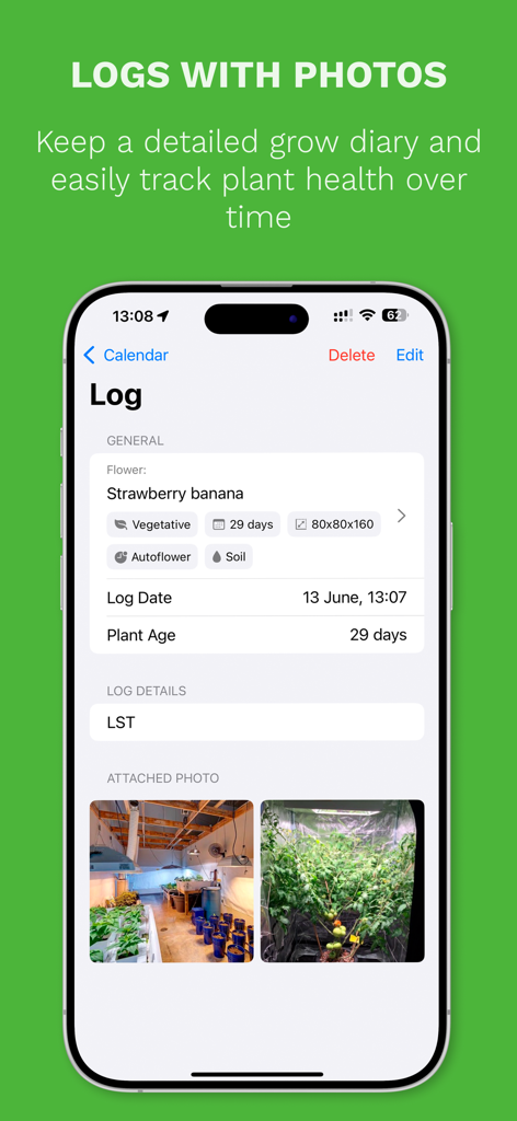 Screenshot of a detailed plant log in the Grow Point app showing plant health data and attached cultivation photos.