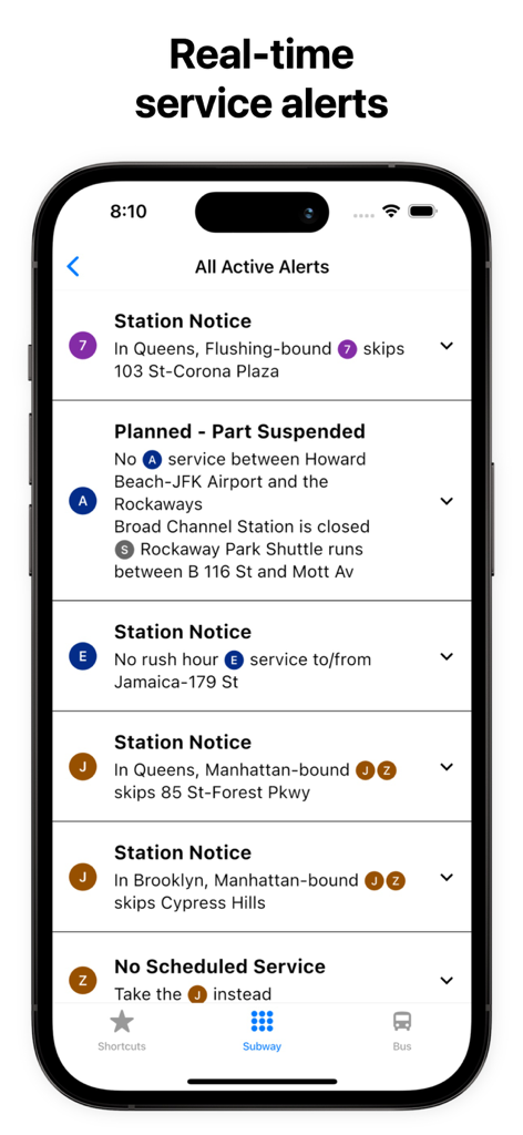 Subway Time NYC - Subway Time NYC app screen showing a list of active real time service alerts for different subway lines