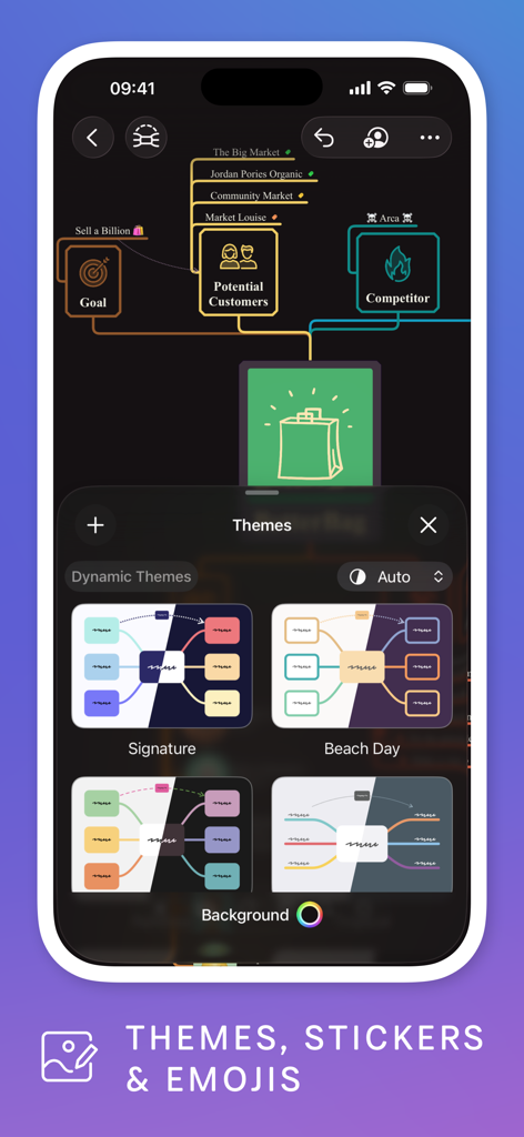 MindNode: Mind Map & Outline - MindNode app interface showing customization options with different visual themes and mind map elements