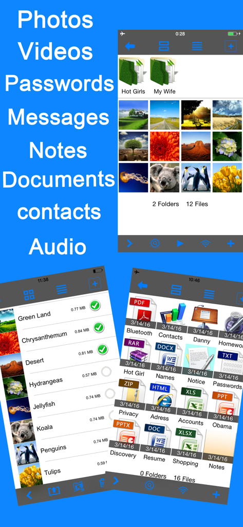 Secret Photo Vault Lock Photos - Interface do aplicativo Cofre Secreto de Fotos mostrando pastas seguras e arquivos de documentos privados