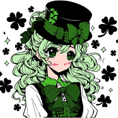 a manga-style girl with clovers around her, a little hat in her hair, like it's saint patrick's day