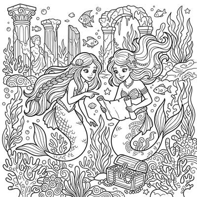 Join two beautiful siren mermaids as they embark on an exciting underwater vacation, exploring ancient ruins and discovering hidden treasures. This intricate coloring page invites you to imagine a world of aquatic adventure and mystery, perfect for a relaxing creative escape.