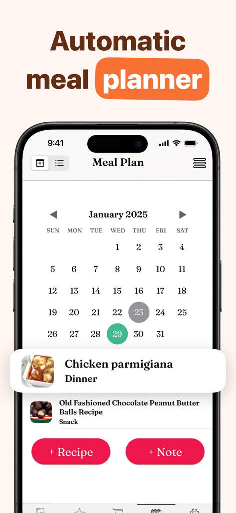 Recipe Keeper Box - OrganizEat - OrganizEat app interface showing a monthly meal planner calendar with scheduled recipes and notes