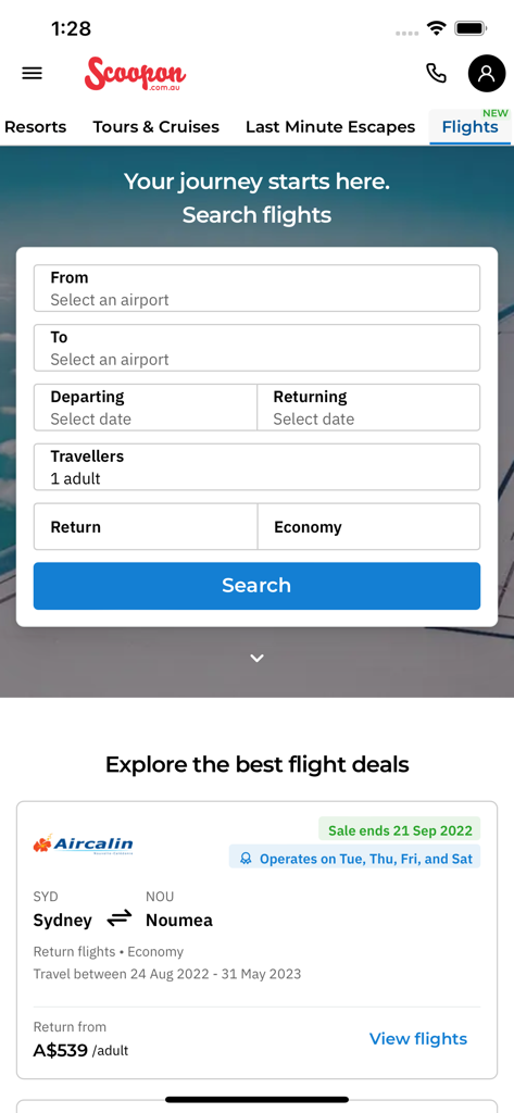 Scoopon mobile app screen showing a flight search form and promotional travel deals for Sydney to Noumea.