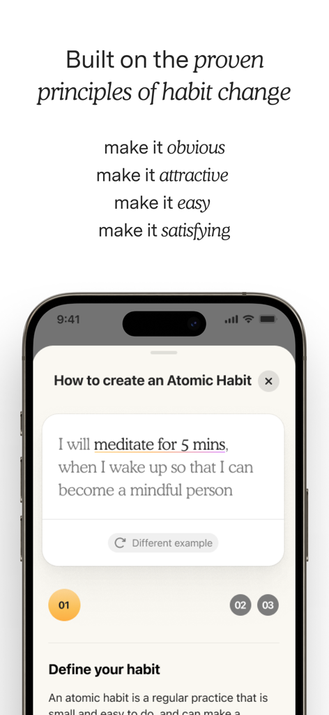 Atoms app screen illustrating how to create an atomic habit with proven principles