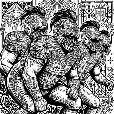 Experience the unique fusion of football power and dark fantasy with our Gothic Offensive Linemen coloring page. Featuring highly detailed uniforms and an intricate backdrop, this artwork offers a thrilling creative escape.