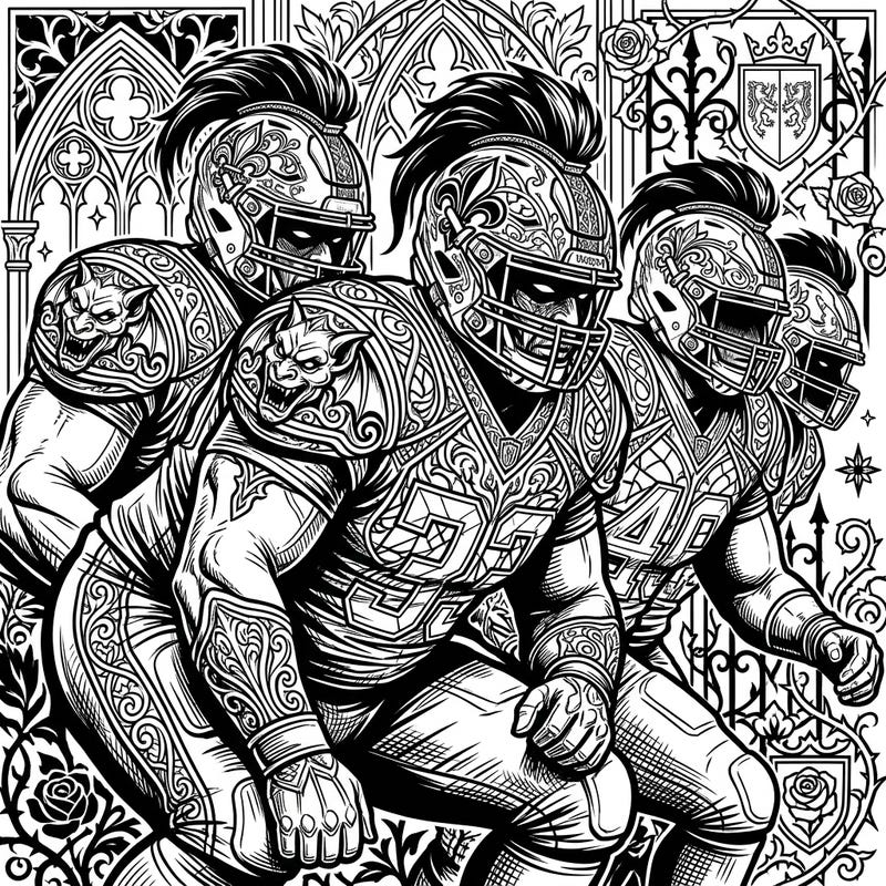 Experience the unique fusion of football power and dark fantasy with our Gothic Offensive Linemen coloring page. Featuring highly detailed uniforms and an intricate backdrop, this artwork offers a thrilling creative escape.