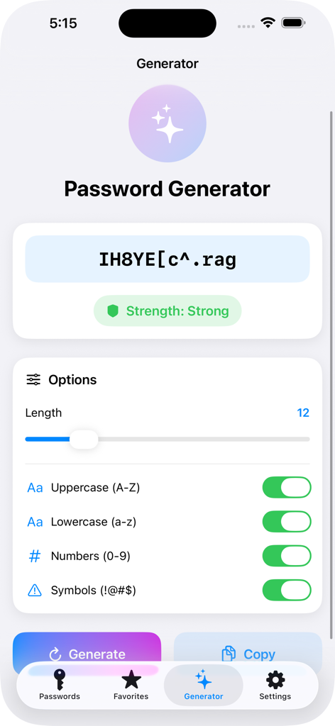 Interface of the PassVault password generator showing a strong password and customization options like length and character types.
