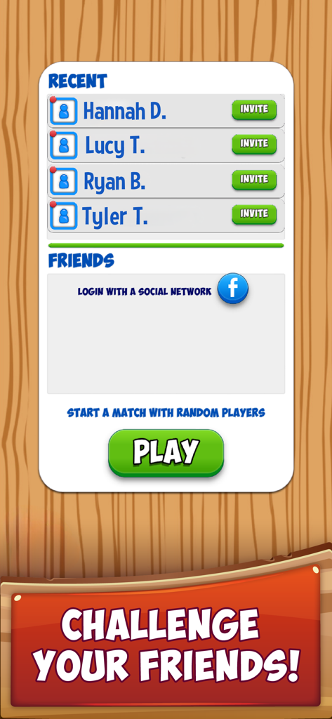 Briscola Online app screen showing a list of recent players and an option to challenge friends.