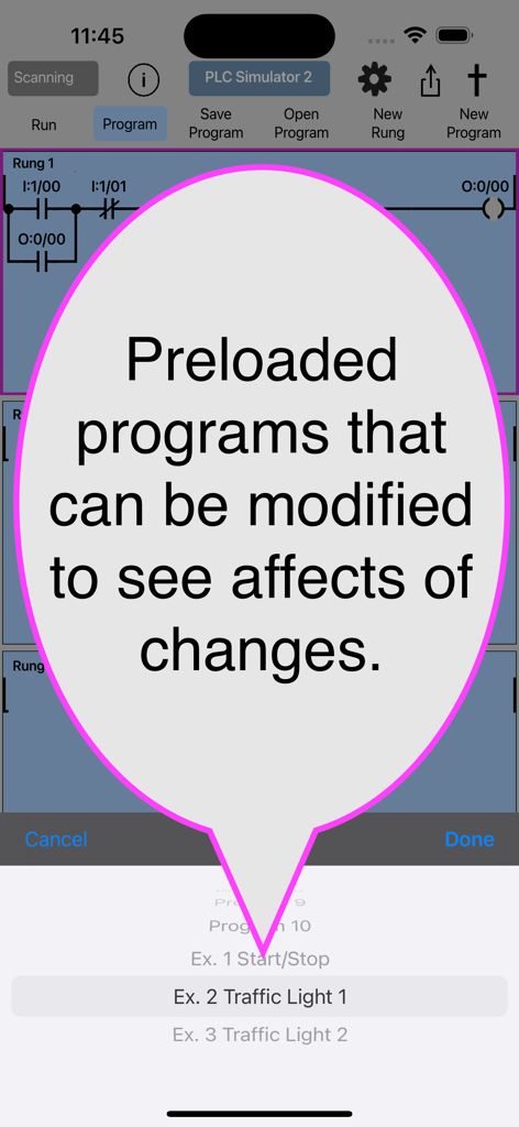 PLC Simulator 2アプリの画面には、学生向けのプリロードされたラダーロジックの例プログラムが表示されています
