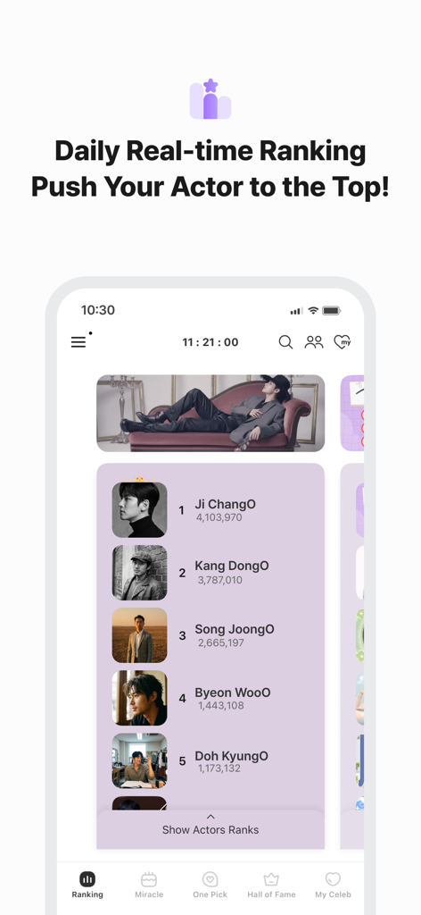 Daily real time ranking of Korean actors in CHOEAEDOL CELEB app
